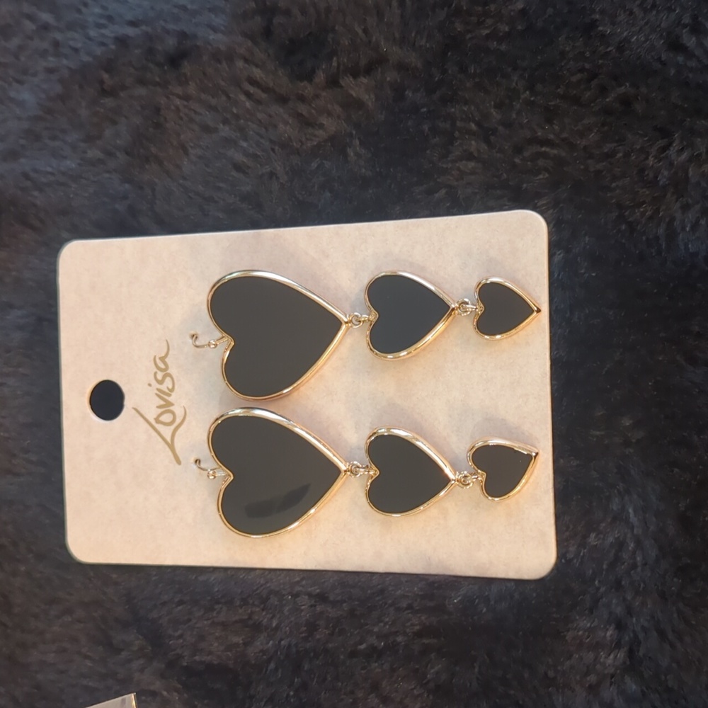 Lovisa Black & Gold Tiered Hearts Enamel Statement Dangle Drop Earrings New